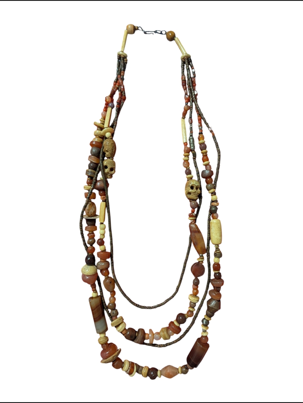 Boho Tribal Multi Strand Necklace Skull Beads Jasper Agate Earth Tone Statement